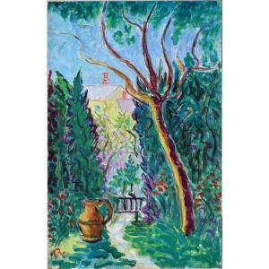 Madeleine Rouart "the Jar In The Garden" Oil On Cardboard 55x38